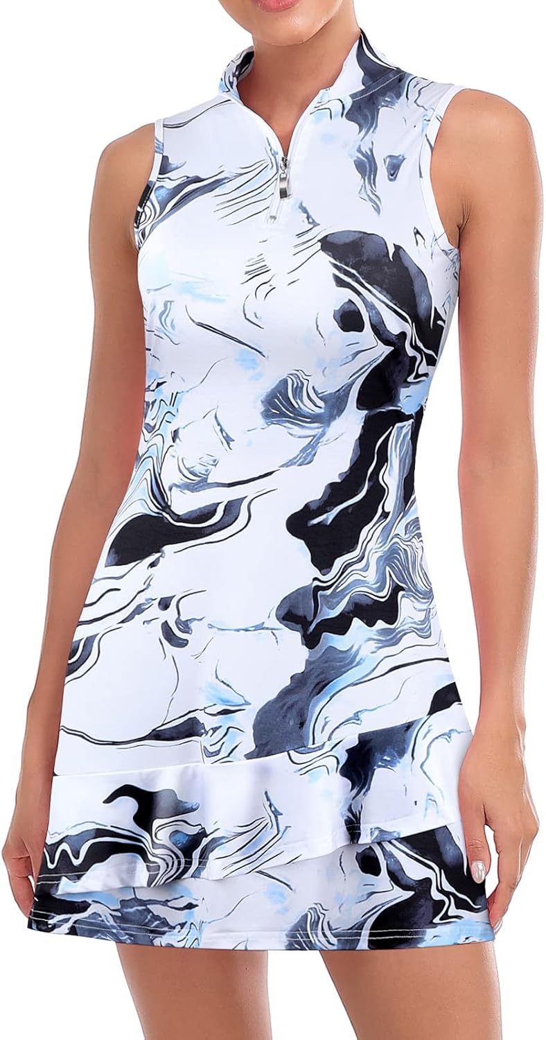 Tennis Dress for Women Sleeveless Golf Dresses with Shorts and Pockets Ruffle Zip Up Stand Collar Golf Outfits