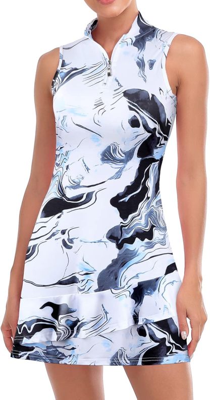Tennis Dress for Women Sleeveless Golf Dresses with Shorts and Pockets Ruffle Zip Up Stand Collar Golf Outfits