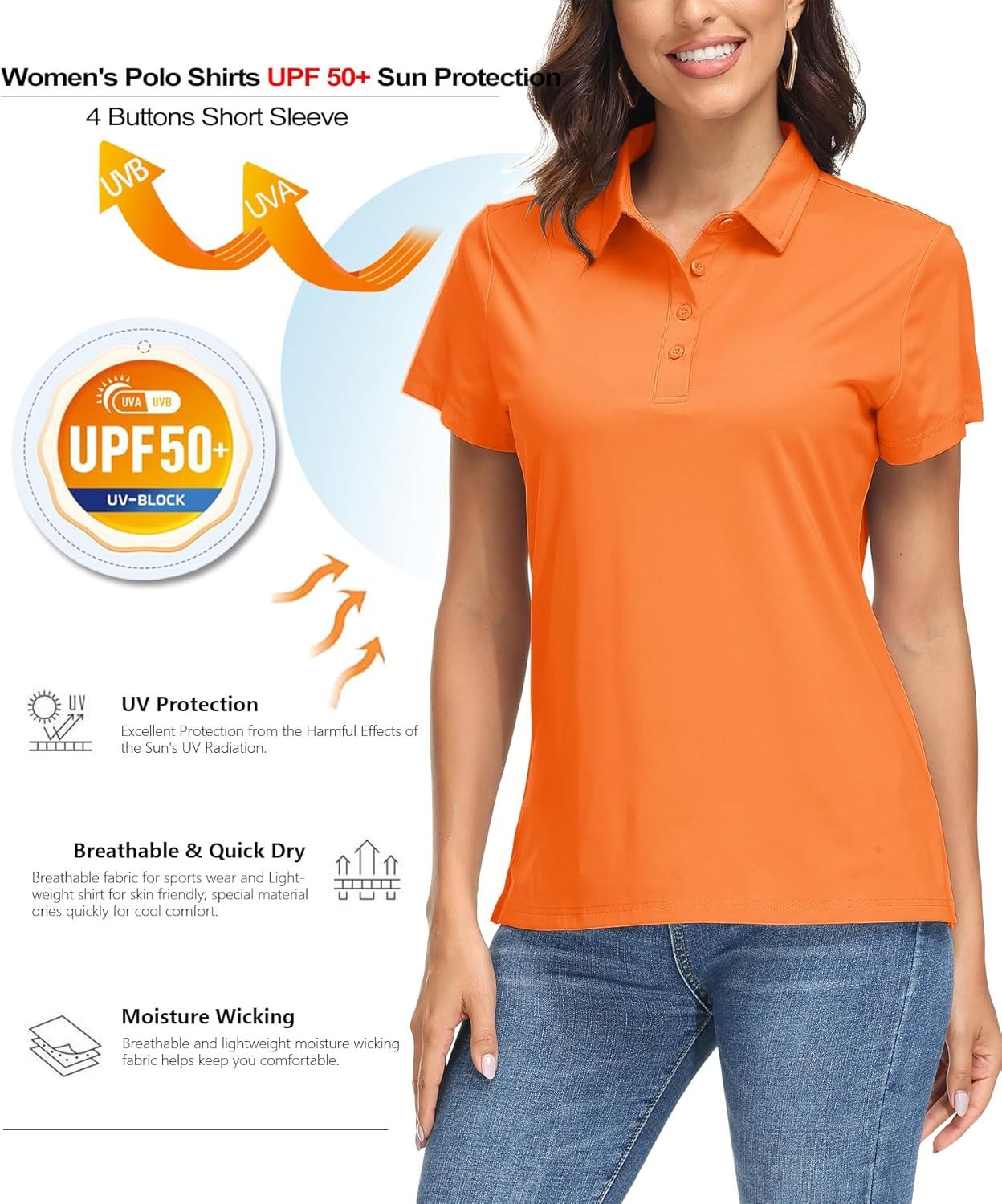 Women's Polo Shirts UPF 50+ Sun Protection 4 Buttons Casual Work Quick Dry Short Sleeve Collared Golf Shirt
