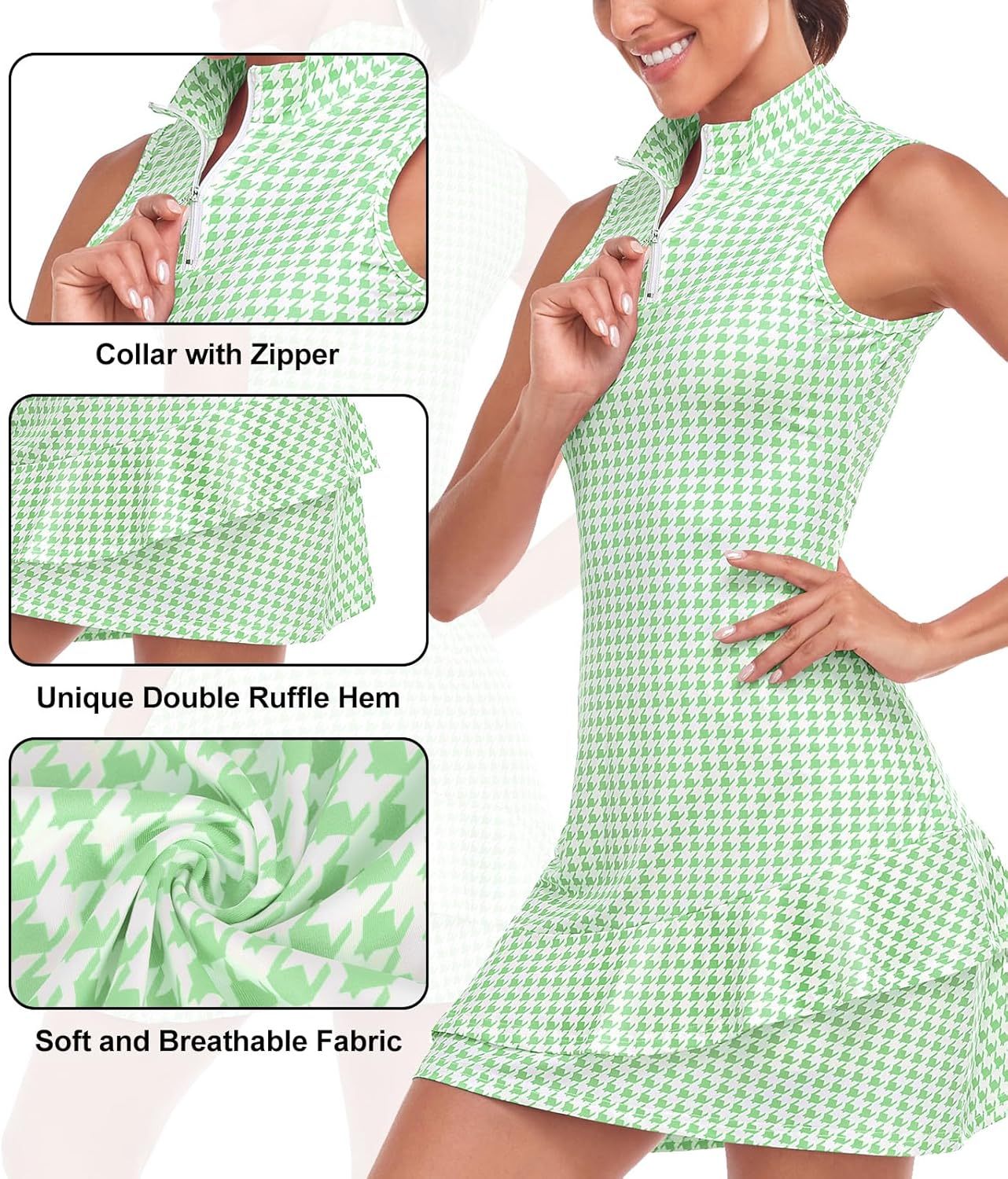 Tennis Dress for Women Sleeveless Golf Dresses with Shorts and Pockets Ruffle Zip Up Stand Collar Golf Outfits