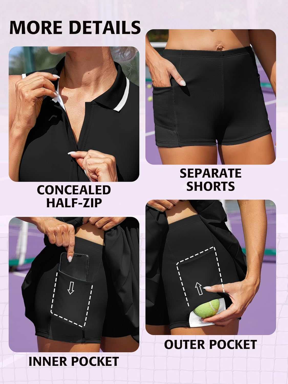 Women Tennis Dresses Ribbed Polo Golf Dress Half Zip Pleated Workout Dress with Built in Shorts and Bra