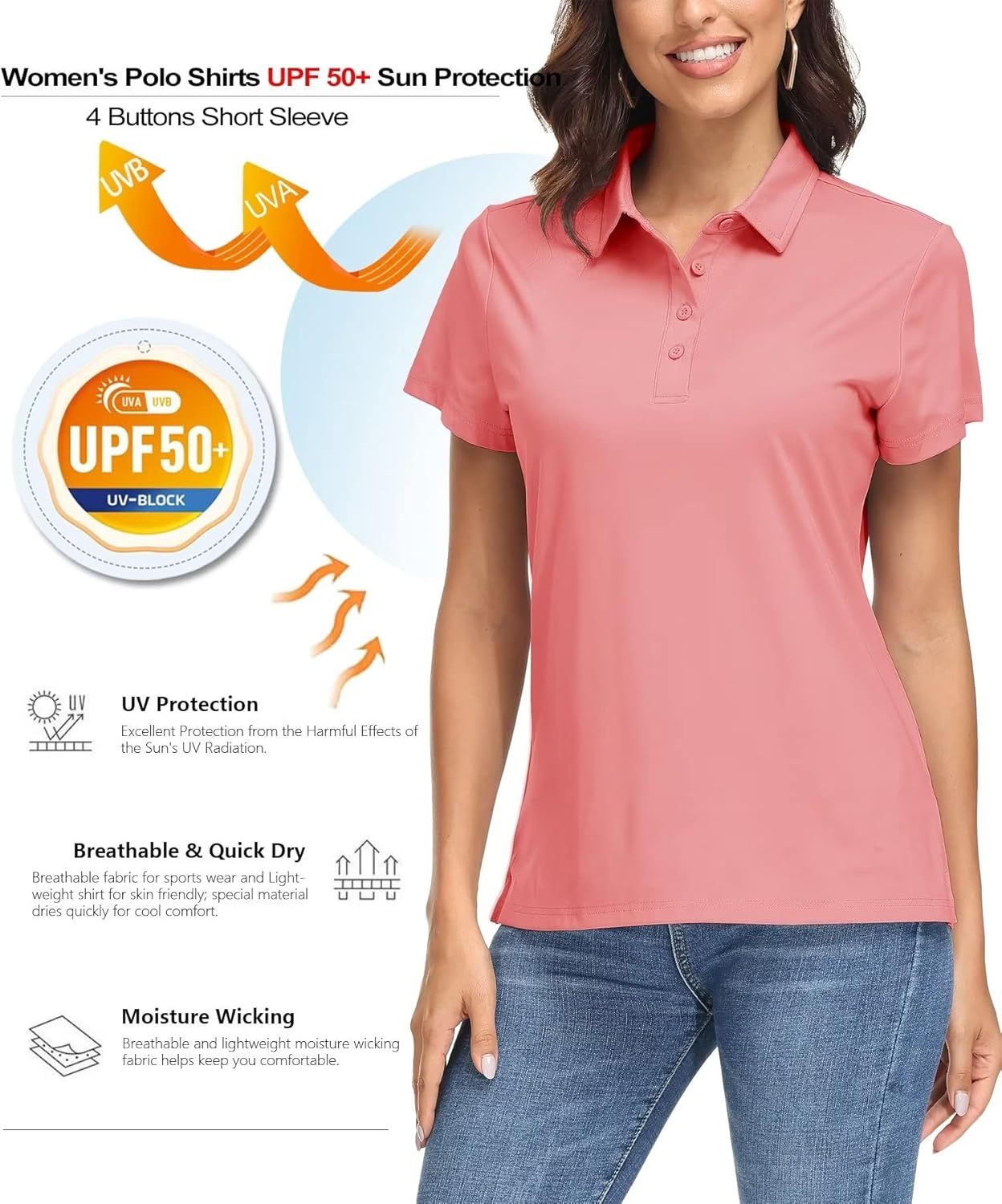 Women's Polo Shirts UPF 50+ Sun Protection 4 Buttons Casual Work Quick Dry Short Sleeve Collared Golf Shirt