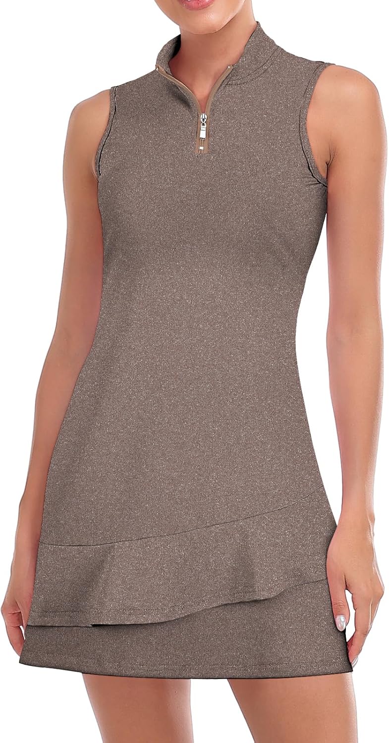 Tennis Dress for Women Sleeveless Golf Dresses with Shorts and Pockets Ruffle Zip Up Stand Collar Golf Outfits
