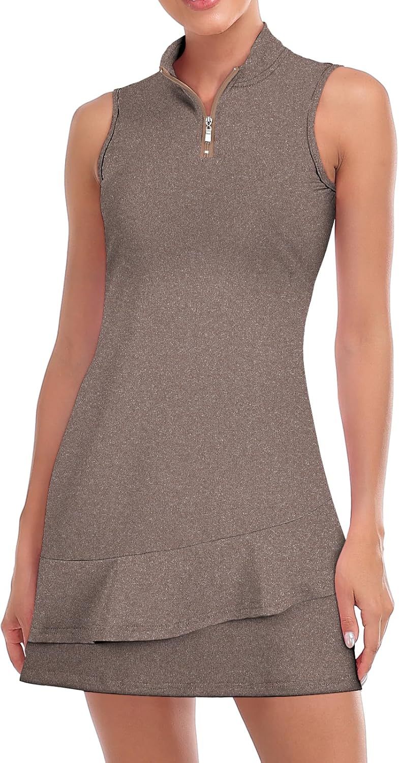 Tennis Dress for Women Sleeveless Golf Dresses with Shorts and Pockets Ruffle Zip Up Stand Collar Golf Outfits