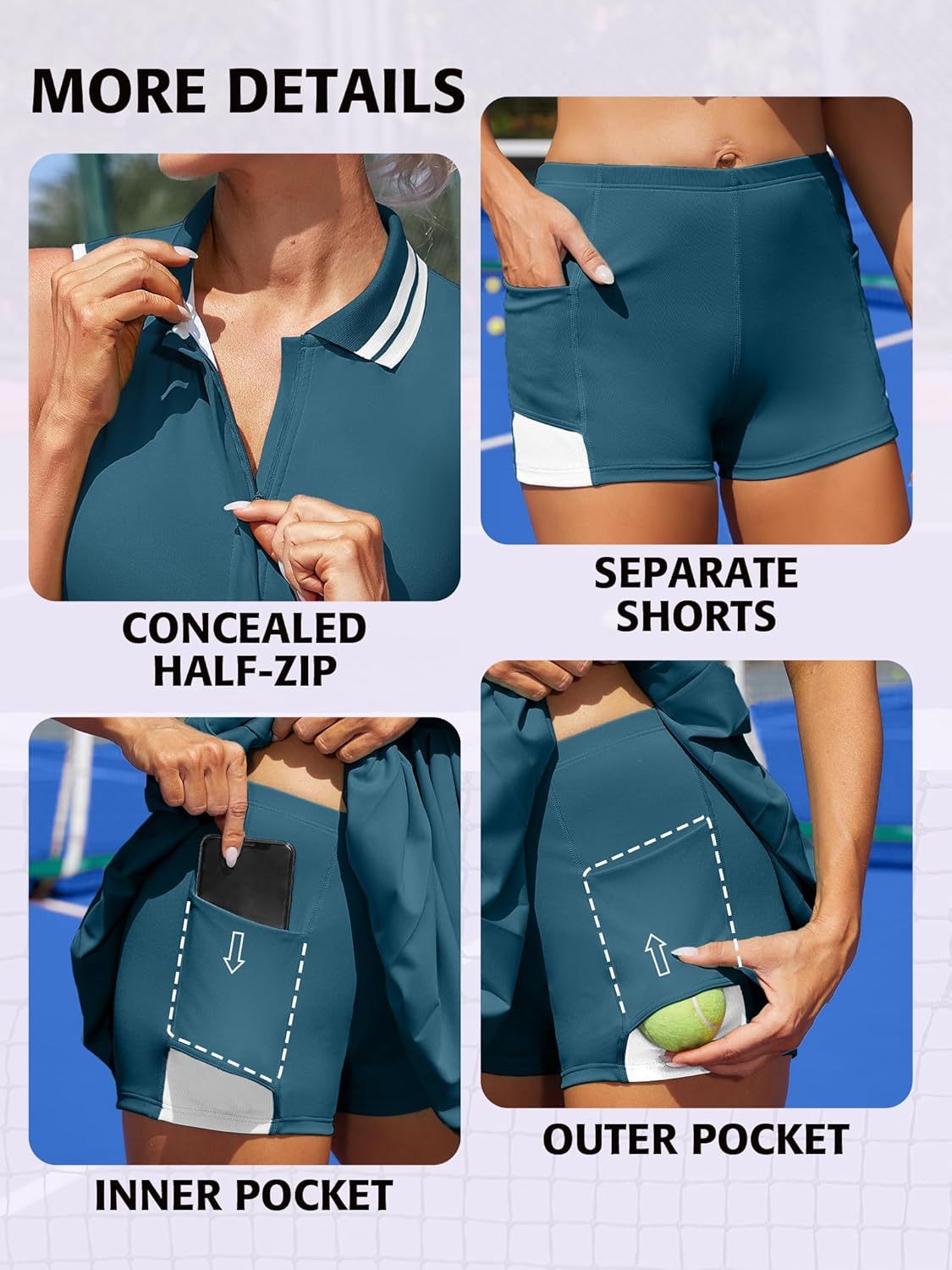 Women Tennis Dresses Ribbed Polo Golf Dress Half Zip Pleated Workout Dress with Built in Shorts and Bra