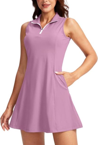 Women's Tennis Golf Dress with Shorts Active Exercise Workout Sports Athletic Dresses for Women with Zipper Pockets