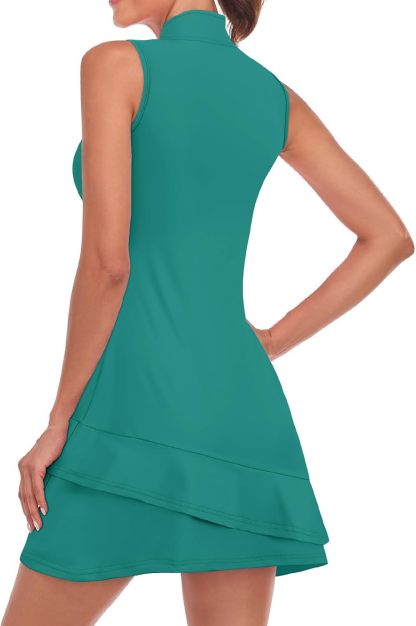Tennis Dress for Women Sleeveless Golf Dresses with Shorts and Pockets Ruffle Zip Up Stand Collar Golf Outfits