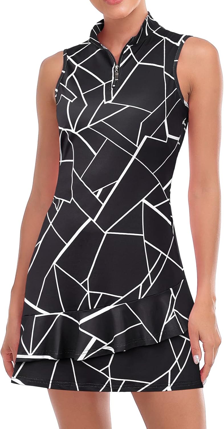 Tennis Dress for Women Sleeveless Golf Dresses with Shorts and Pockets Ruffle Zip Up Stand Collar Golf Outfits