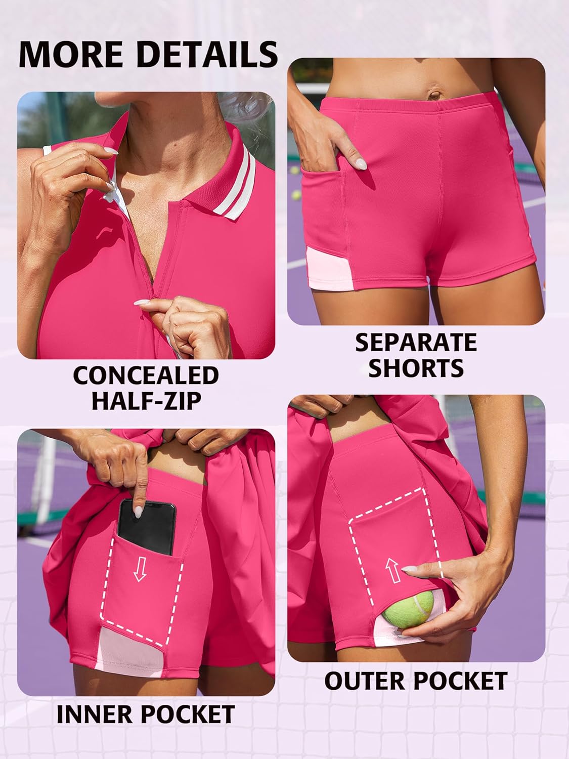 Women Tennis Dresses Ribbed Polo Golf Dress Half Zip Pleated Workout Dress with Built in Shorts and Bra