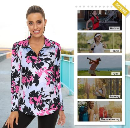 Women's Long Sleeve Golf Tennis Polo Shirts UPF50+ Half Zip Dry Fit Workout Tops Athletic Shirt