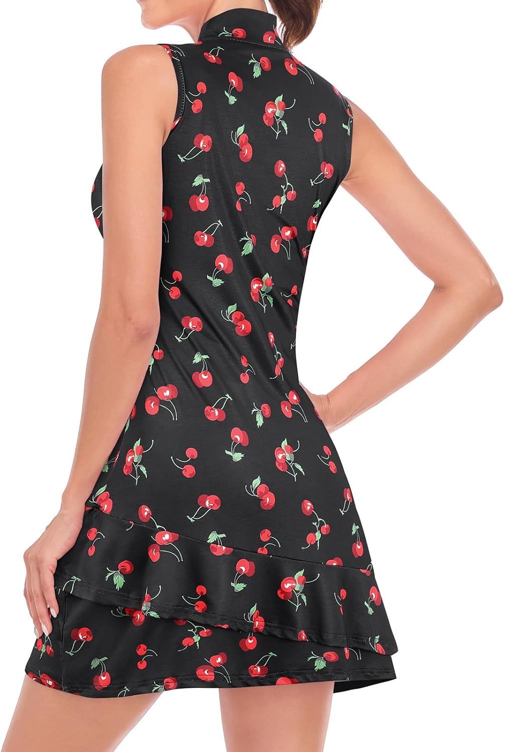 Tennis Dress for Women Sleeveless Golf Dresses with Shorts and Pockets Ruffle Zip Up Stand Collar Golf Outfits