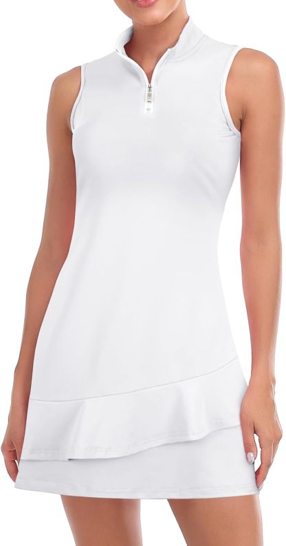 Tennis Dress for Women Sleeveless Golf Dresses with Shorts and Pockets Ruffle Zip Up Stand Collar Golf Outfits