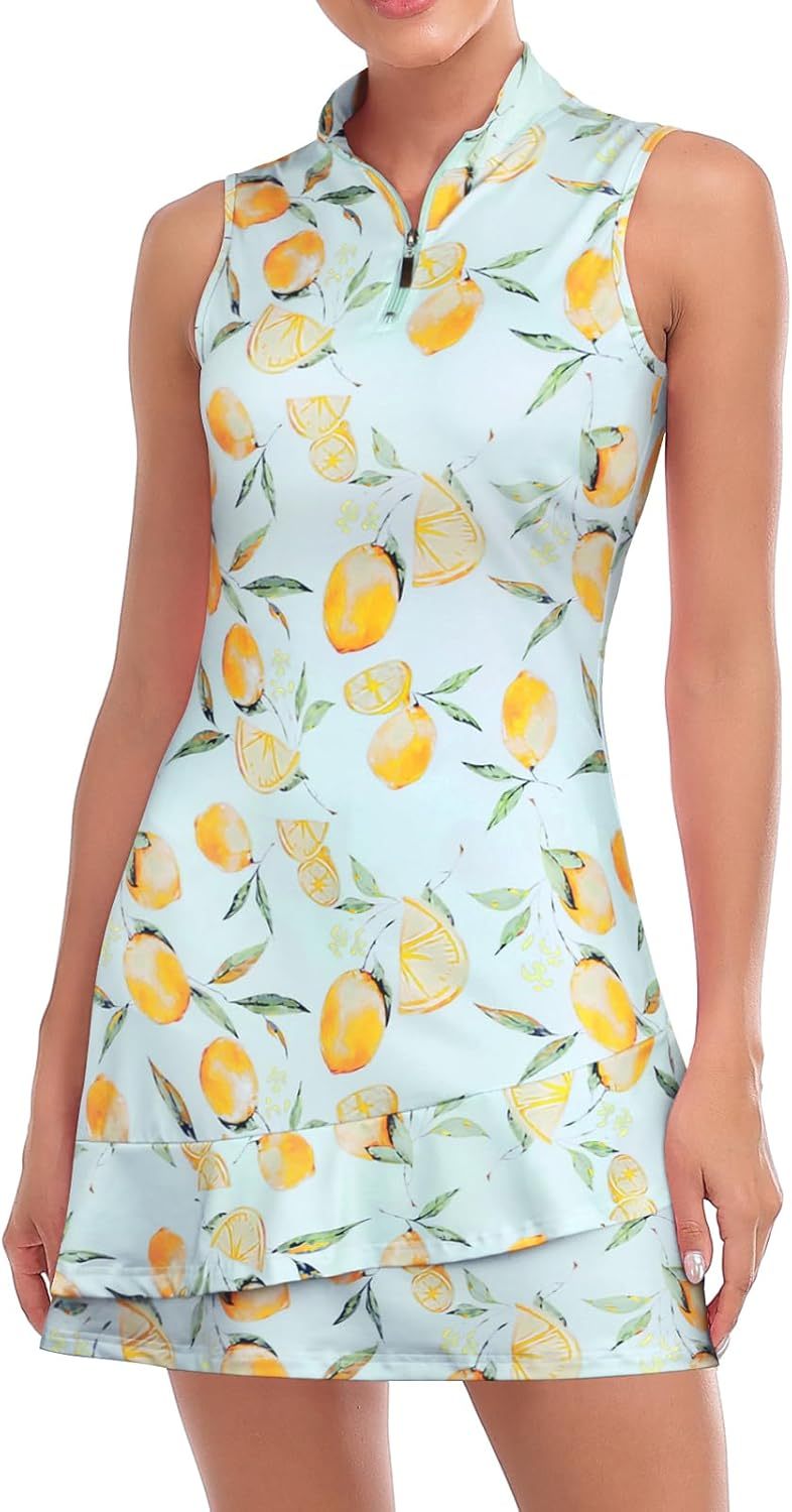 Tennis Dress for Women Sleeveless Golf Dresses with Shorts and Pockets Ruffle Zip Up Stand Collar Golf Outfits
