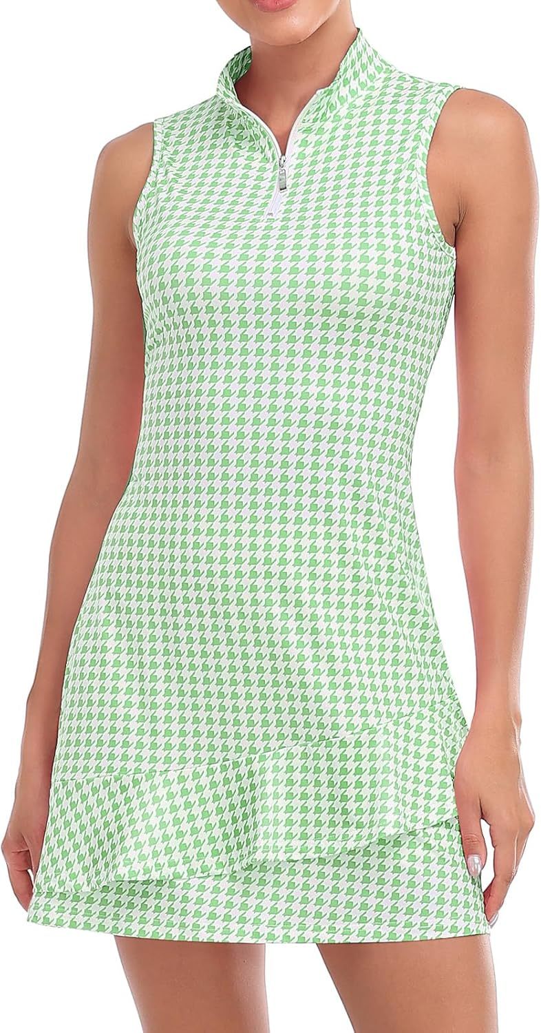 Tennis Dress for Women Sleeveless Golf Dresses with Shorts and Pockets Ruffle Zip Up Stand Collar Golf Outfits