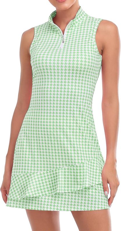 Tennis Dress for Women Sleeveless Golf Dresses with Shorts and Pockets Ruffle Zip Up Stand Collar Golf Outfits
