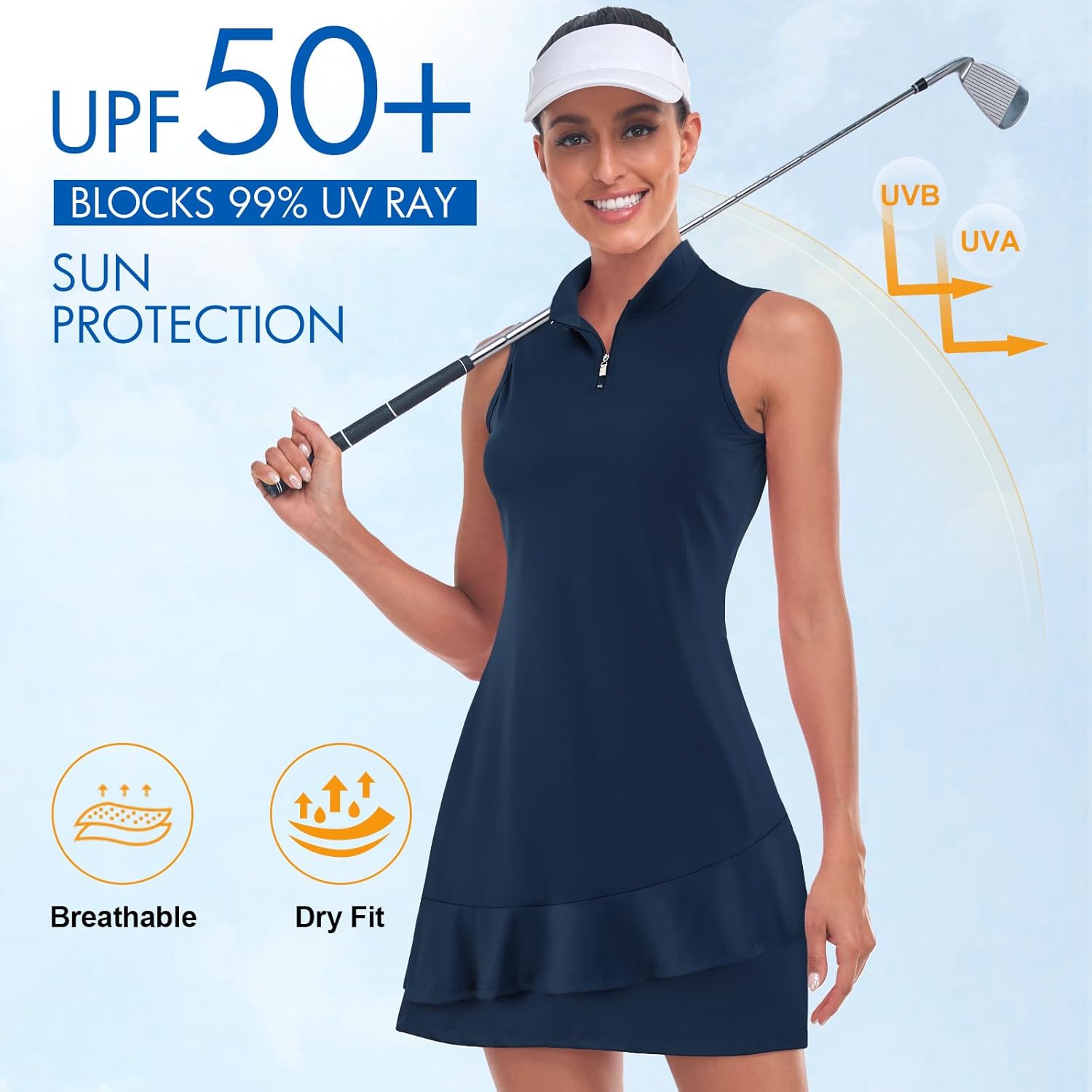 Tennis Dress for Women Sleeveless Golf Dresses with Shorts and Pockets Ruffle Zip Up Stand Collar Golf Outfits