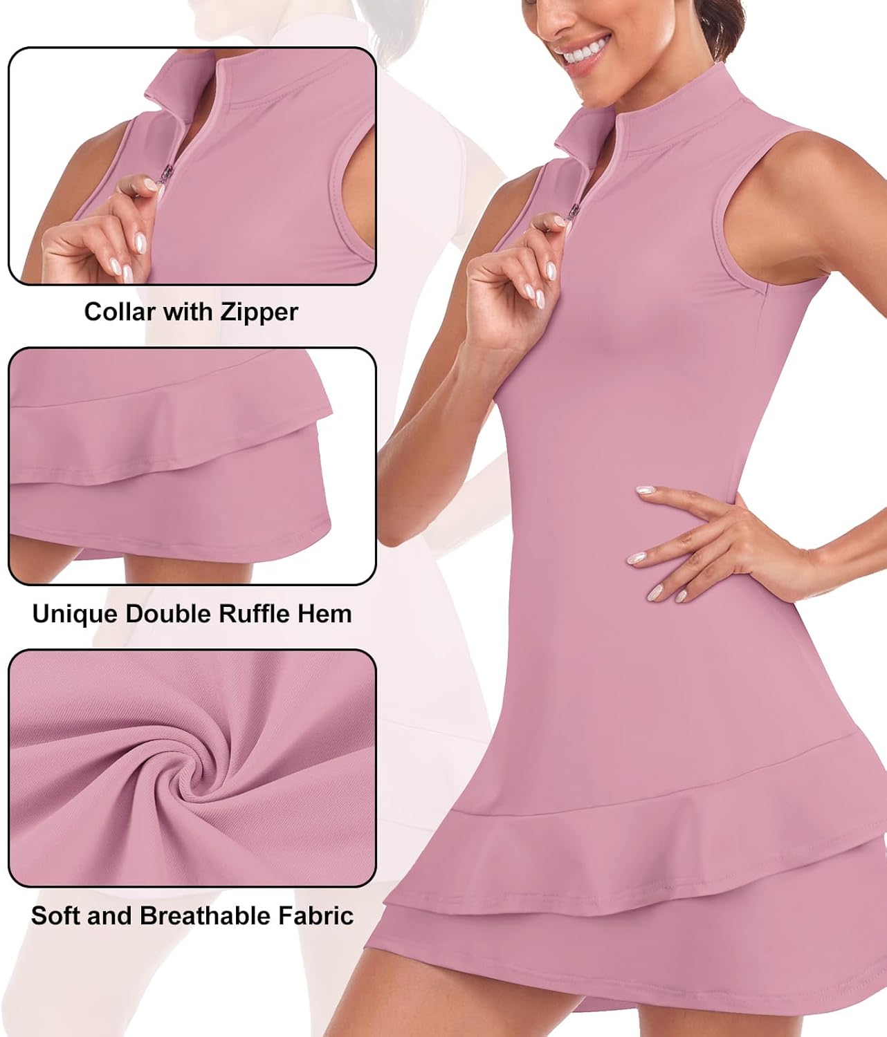 Tennis Dress for Women Sleeveless Golf Dresses with Shorts and Pockets Ruffle Zip Up Stand Collar Golf Outfits