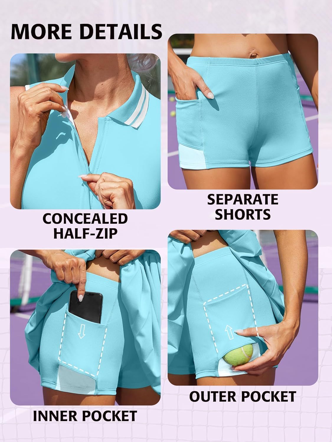 Women Tennis Dresses Ribbed Polo Golf Dress Half Zip Pleated Workout Dress with Built in Shorts and Bra