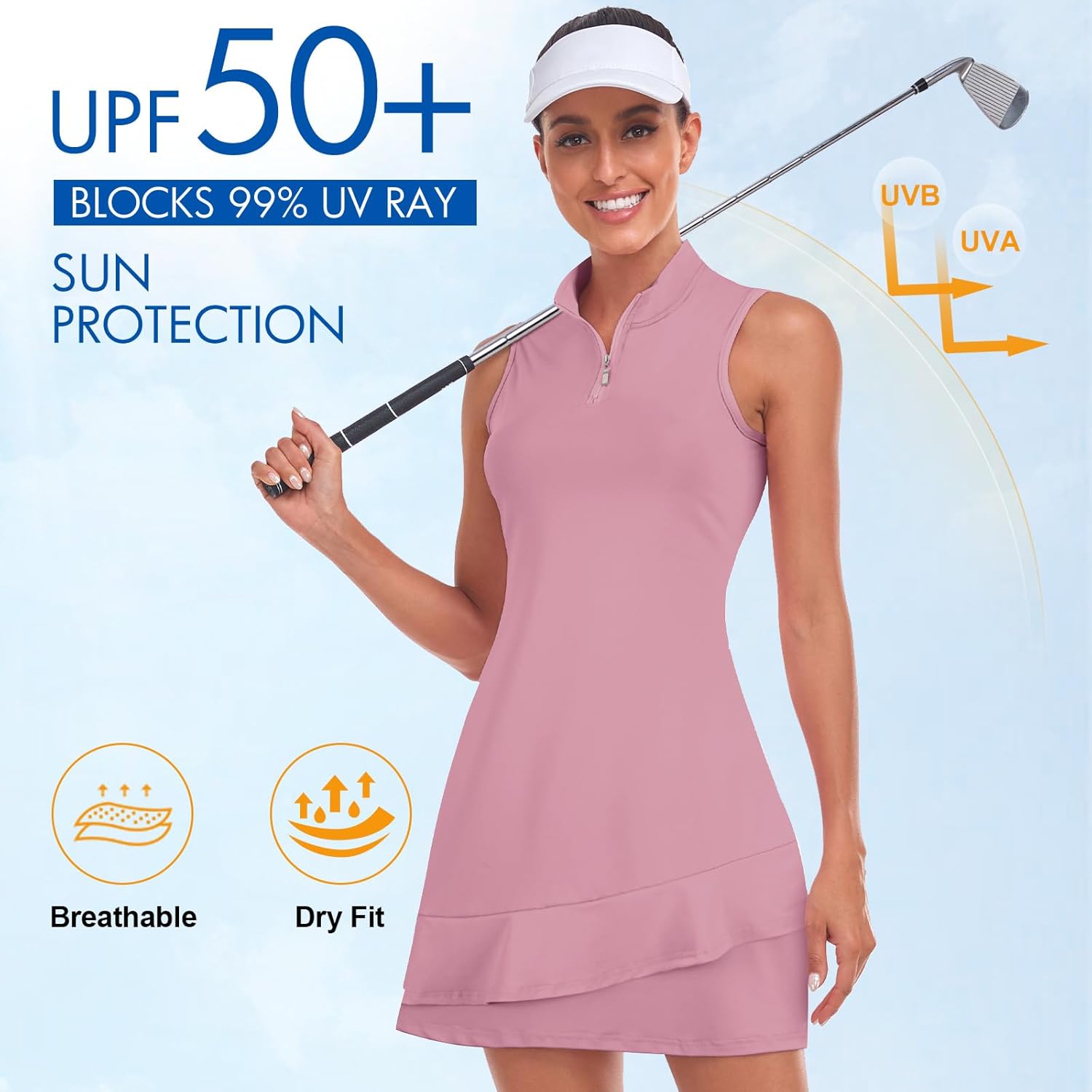 Tennis Dress for Women Sleeveless Golf Dresses with Shorts and Pockets Ruffle Zip Up Stand Collar Golf Outfits