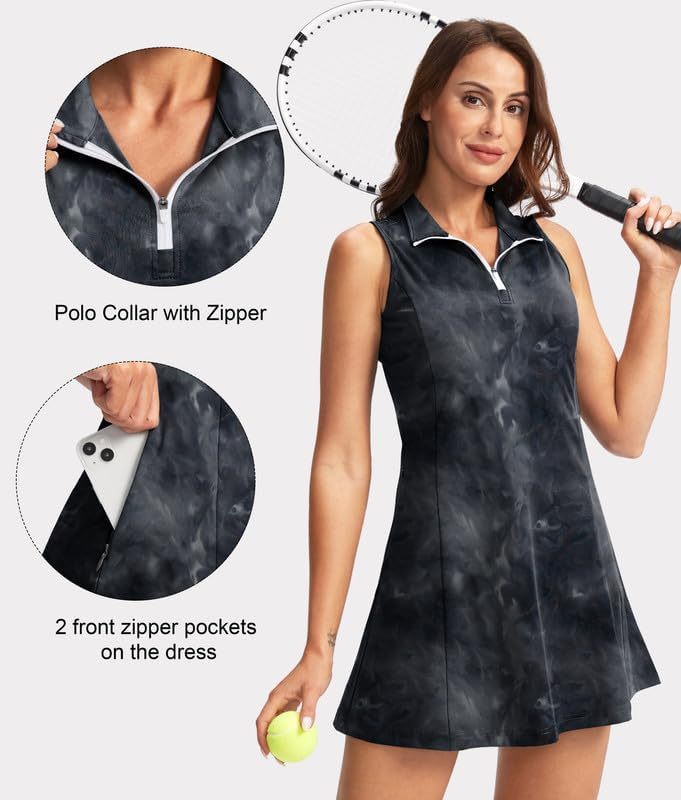 Women's Tennis Golf Dress with Shorts Active Exercise Workout Sports Athletic Dresses for Women with Zipper Pockets