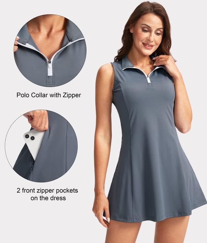 Women's Tennis Golf Dress with Shorts Active Exercise Workout Sports Athletic Dresses for Women with Zipper Pockets