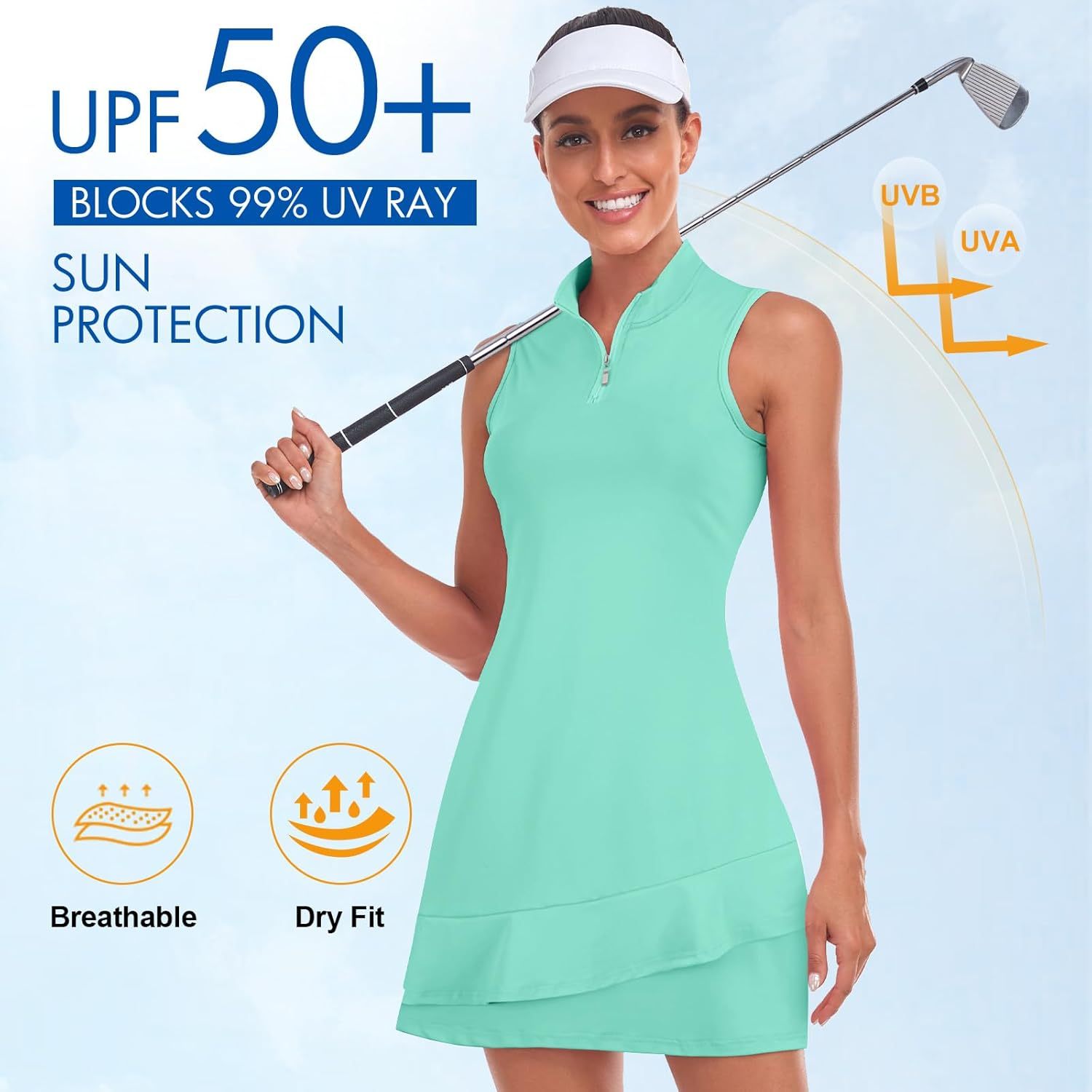 Tennis Dress for Women Sleeveless Golf Dresses with Shorts and Pockets Ruffle Zip Up Stand Collar Golf Outfits