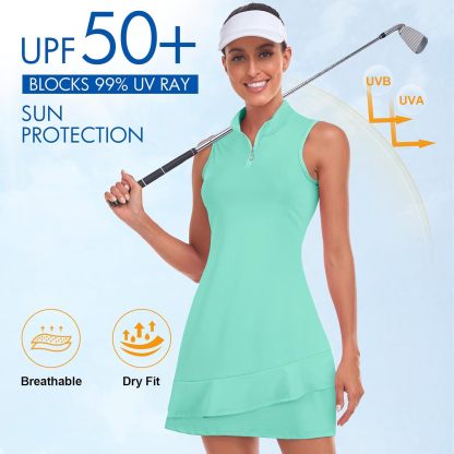 Tennis Dress for Women Sleeveless Golf Dresses with Shorts and Pockets Ruffle Zip Up Stand Collar Golf Outfits