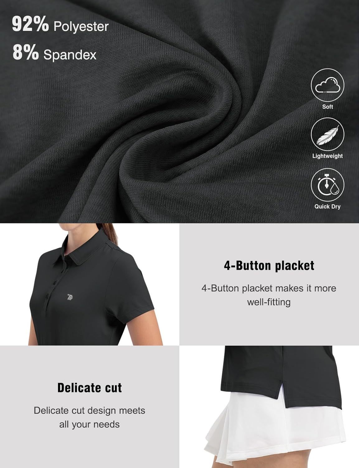 Women's Golf Polo Short Sleeve Shirts Lightweight Moisture Wicking Collared T Shirt Quick Dry 4-Button