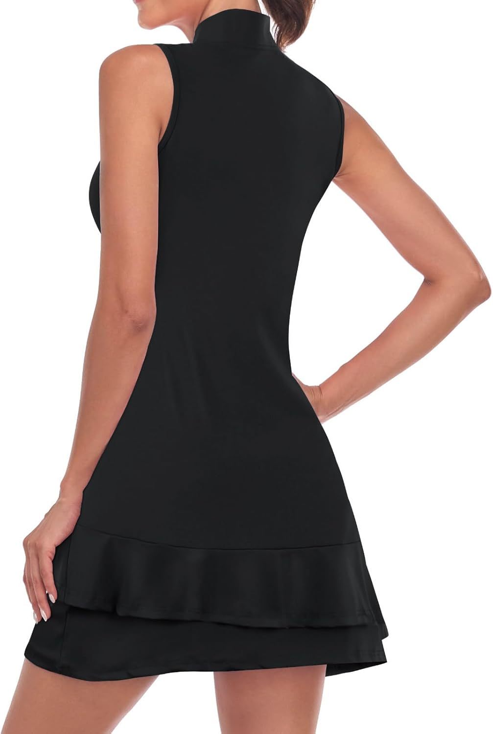 Tennis Dress for Women Sleeveless Golf Dresses with Shorts and Pockets Ruffle Zip Up Stand Collar Golf Outfits