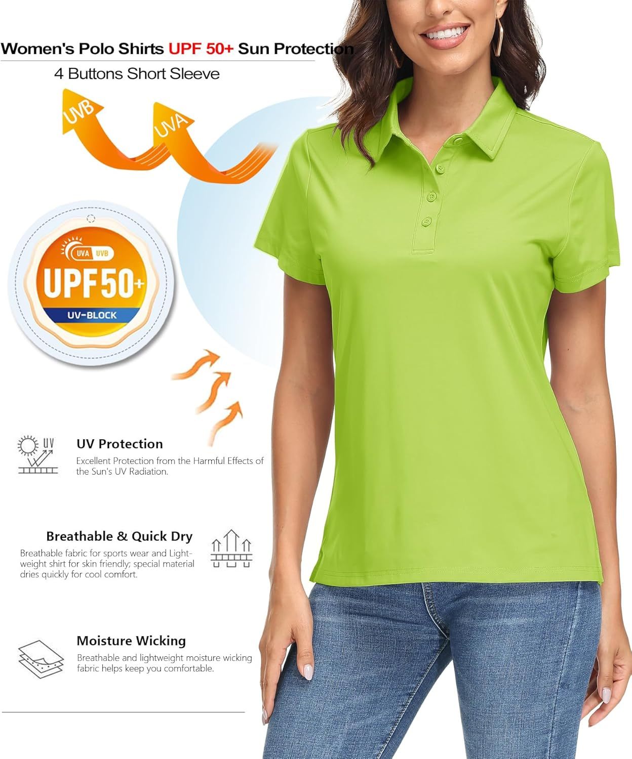 Women's Polo Shirts UPF 50+ Sun Protection 4 Buttons Casual Work Quick Dry Short Sleeve Collared Golf Shirt