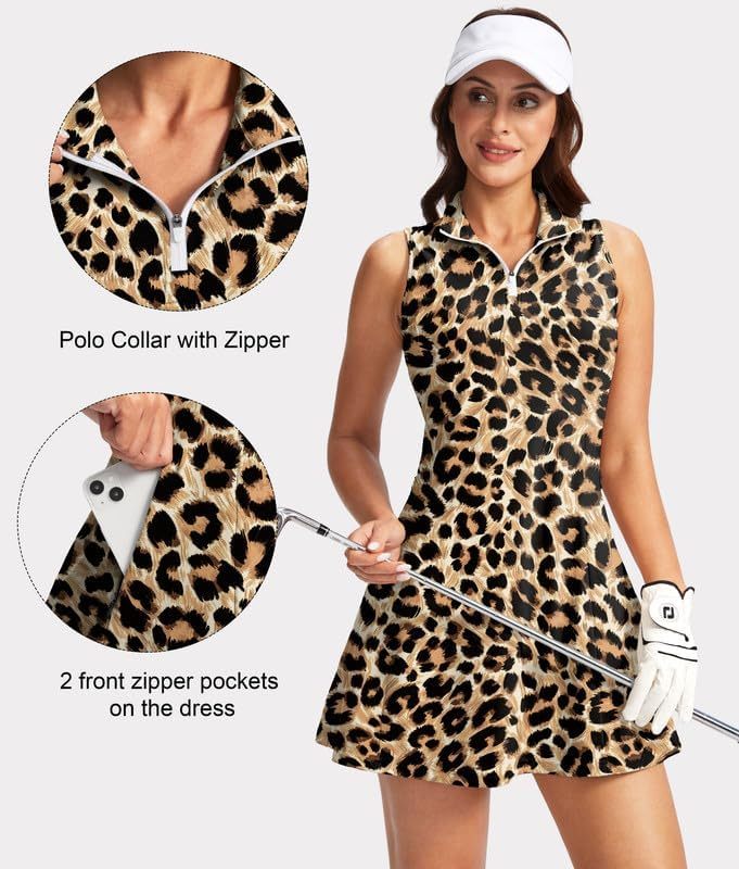Women's Tennis Golf Dress with Shorts Active Exercise Workout Sports Athletic Dresses for Women with Zipper Pockets