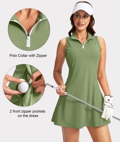 Women's Tennis Golf Dress with Shorts Active Exercise Workout Sports Athletic Dresses for Women with Zipper Pockets