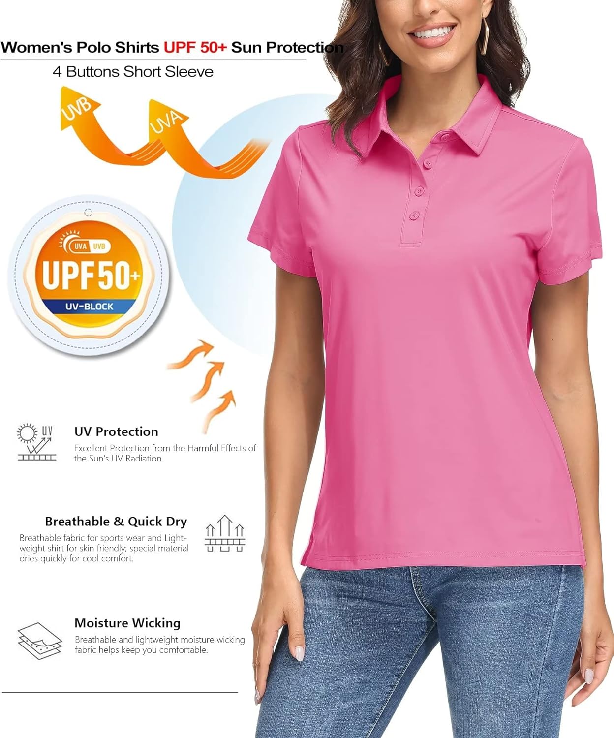 Women's Polo Shirts UPF 50+ Sun Protection 4 Buttons Casual Work Quick Dry Short Sleeve Collared Golf Shirt
