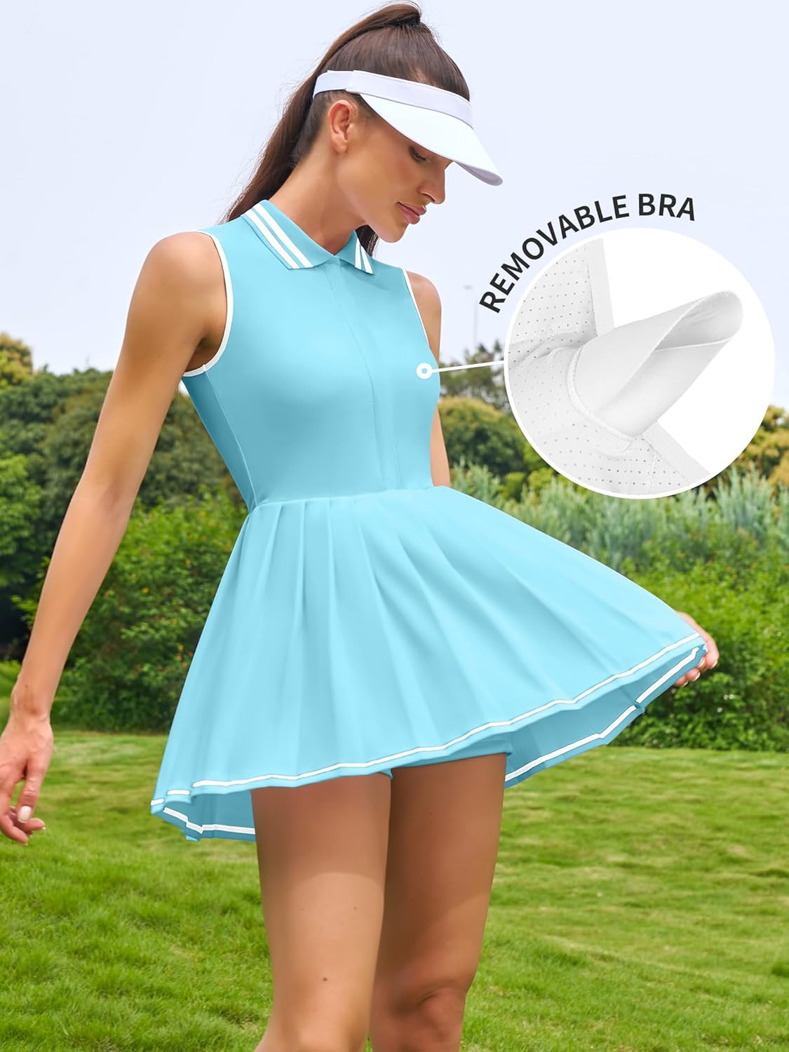 Women Tennis Dresses Ribbed Polo Golf Dress Half Zip Pleated Workout Dress with Built in Shorts and Bra