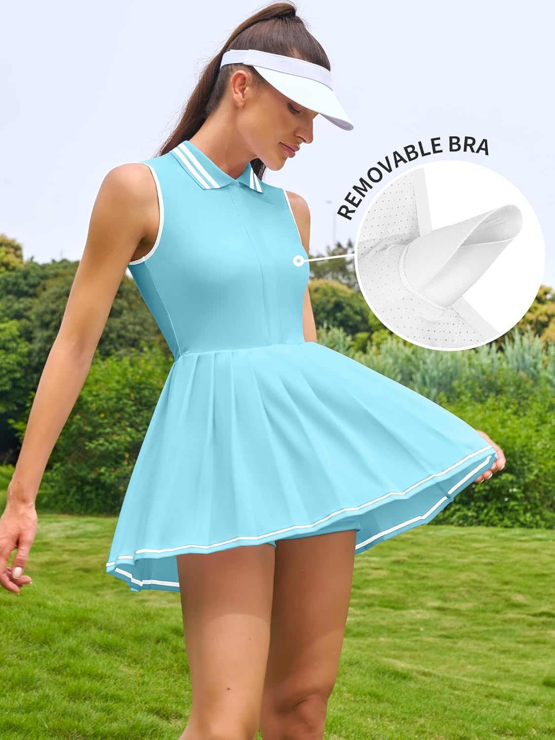 Women Tennis Dresses Ribbed Polo Golf Dress Half Zip Pleated Workout Dress with Built in Shorts and Bra