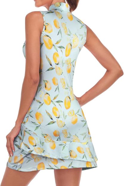 Tennis Dress for Women Sleeveless Golf Dresses with Shorts and Pockets Ruffle Zip Up Stand Collar Golf Outfits
