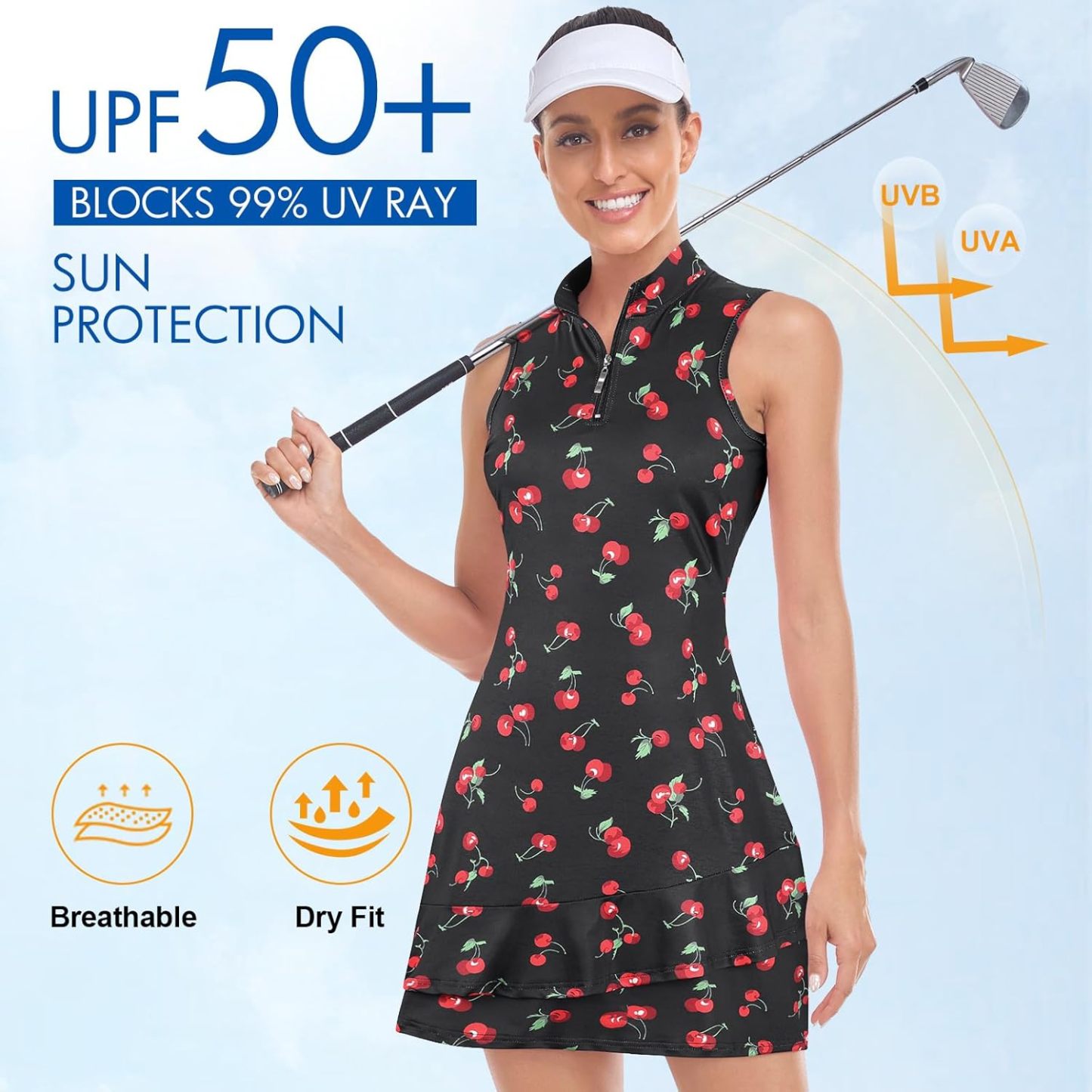 Tennis Dress for Women Sleeveless Golf Dresses with Shorts and Pockets Ruffle Zip Up Stand Collar Golf Outfits