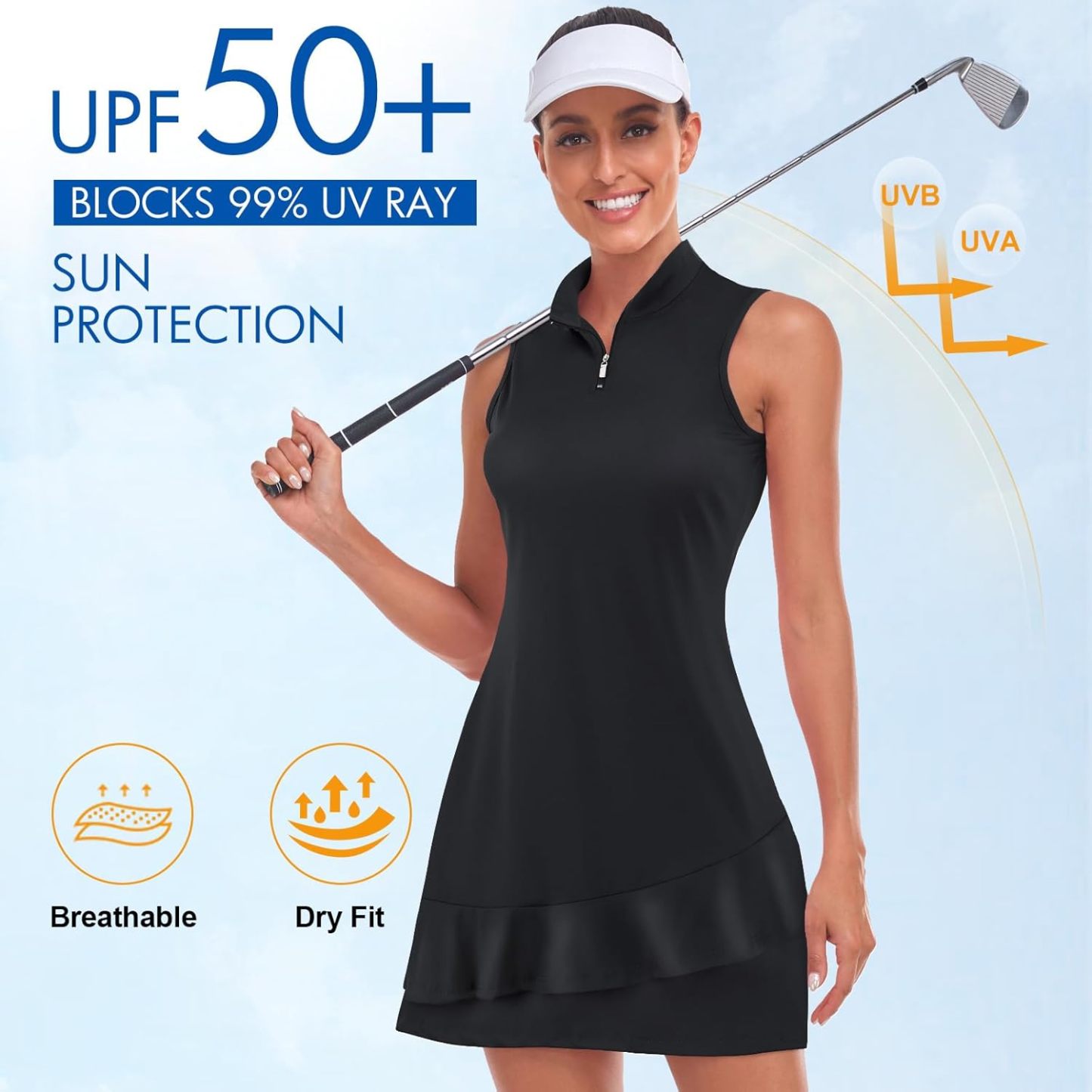 Tennis Dress for Women Sleeveless Golf Dresses with Shorts and Pockets Ruffle Zip Up Stand Collar Golf Outfits