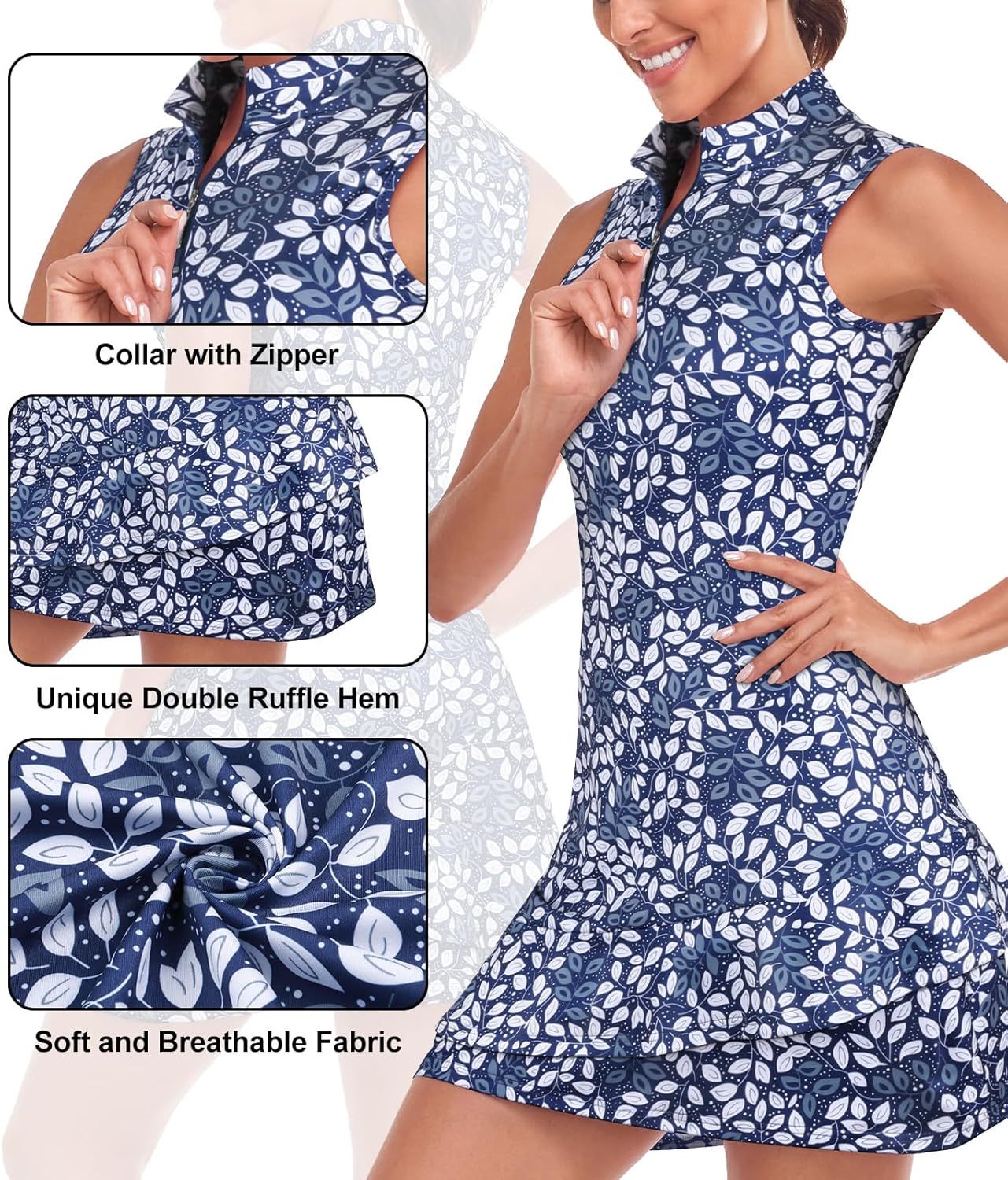 Tennis Dress for Women Sleeveless Golf Dresses with Shorts and Pockets Ruffle Zip Up Stand Collar Golf Outfits