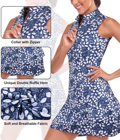 Tennis Dress for Women Sleeveless Golf Dresses with Shorts and Pockets Ruffle Zip Up Stand Collar Golf Outfits