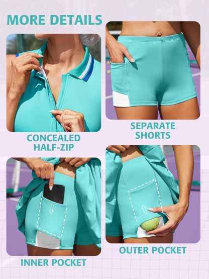 Women Tennis Dresses Ribbed Polo Golf Dress Half Zip Pleated Workout Dress with Built in Shorts and Bra