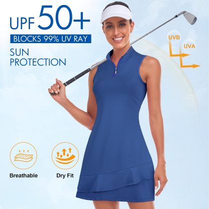 Tennis Dress for Women Sleeveless Golf Dresses with Shorts and Pockets Ruffle Zip Up Stand Collar Golf Outfits