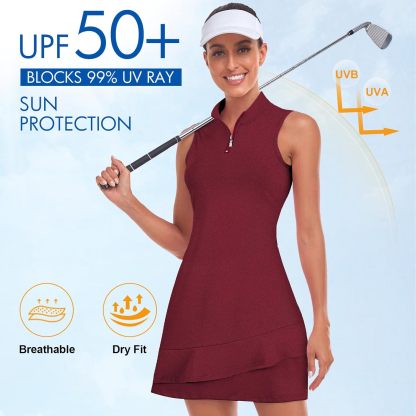 Tennis Dress for Women Sleeveless Golf Dresses with Shorts and Pockets Ruffle Zip Up Stand Collar Golf Outfits