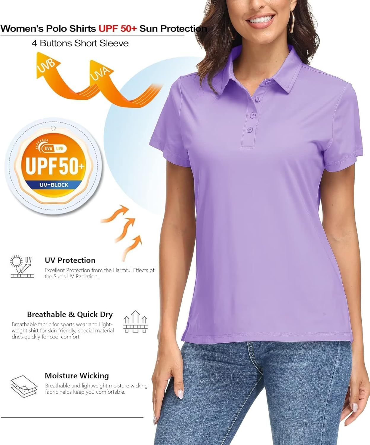 Women's Polo Shirts UPF 50+ Sun Protection 4 Buttons Casual Work Quick Dry Short Sleeve Collared Golf Shirt