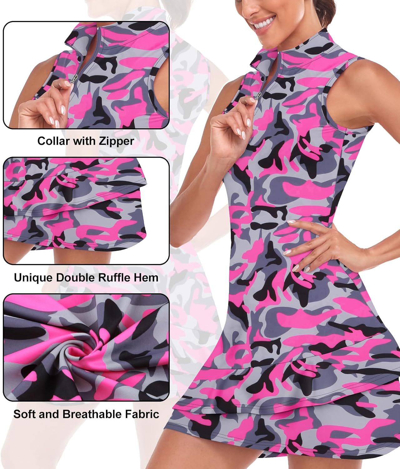 Tennis Dress for Women Sleeveless Golf Dresses with Shorts and Pockets Ruffle Zip Up Stand Collar Golf Outfits