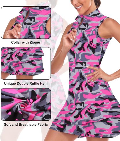 Tennis Dress for Women Sleeveless Golf Dresses with Shorts and Pockets Ruffle Zip Up Stand Collar Golf Outfits