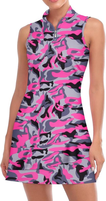 Tennis Dress for Women Sleeveless Golf Dresses with Shorts and Pockets Ruffle Zip Up Stand Collar Golf Outfits