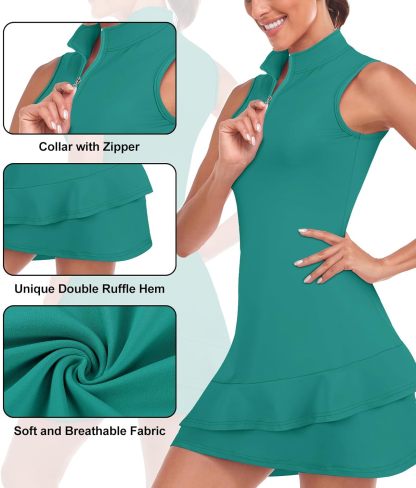 Tennis Dress for Women Sleeveless Golf Dresses with Shorts and Pockets Ruffle Zip Up Stand Collar Golf Outfits