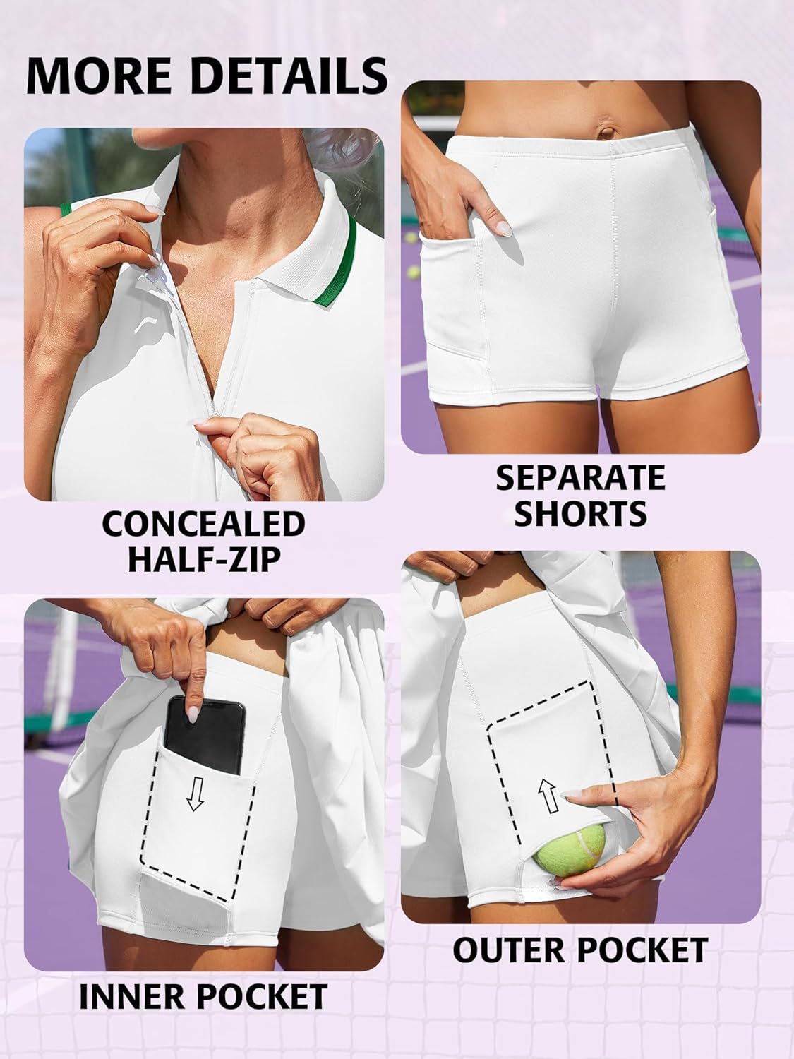 Women Tennis Dresses Ribbed Polo Golf Dress Half Zip Pleated Workout Dress with Built in Shorts and Bra