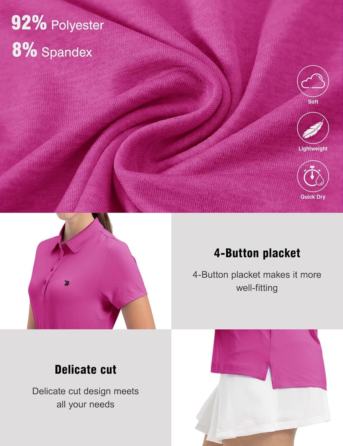 Women's Golf Polo Short Sleeve Shirts Lightweight Moisture Wicking Collared T Shirt Quick Dry 4-Button